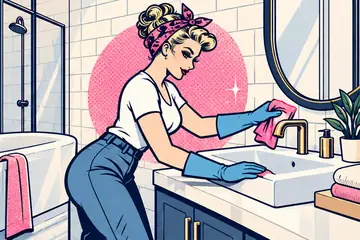 Illustrated cleaner wiping a bathroom basin and faucet
