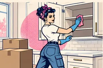 Illustrated cleaner wiping inside empty kitchen cabinets beside moving boxes