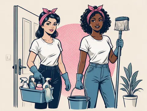 Two illustrated cleaners arriving at a front door with a supply caddy, mop and bucket